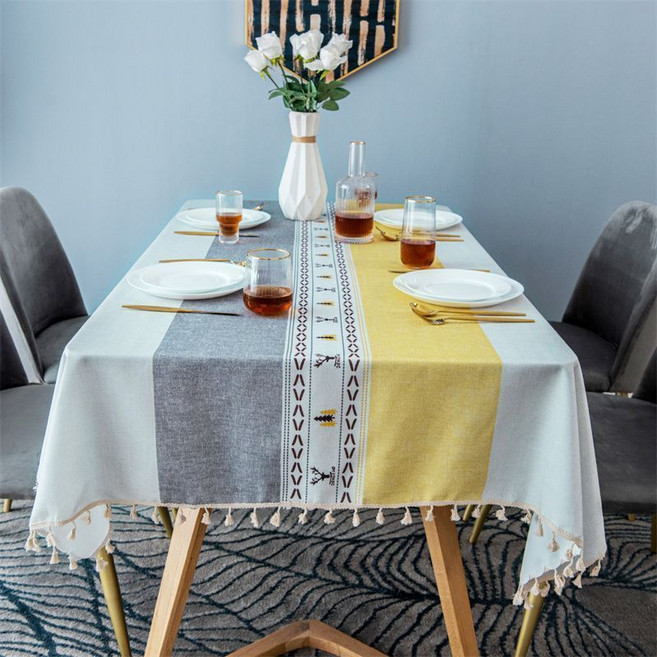 日式純色防水防油餐桌布 茶几桌布 家用長方形桌布, 【流蘇】1010黃灰條-,90*90c, 1個