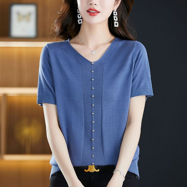 중년 여성 반팔 티셔츠 봄 여름 루즈핏 슬림핏 브이넥 니트 반팔티 캐주얼 기질 반팔 상의 YHY