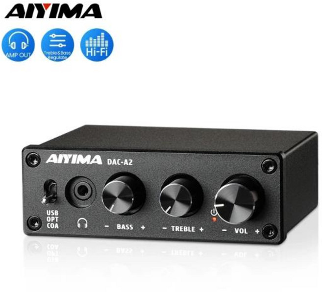 AIYIMA 미니 하이파이 2.0 디지털 오디오 디코더 USB DAC 헤드폰 앰프 24비트 96KHz 입력 USB/동축/광출력 RCA Amp DC5V, DAC-A2