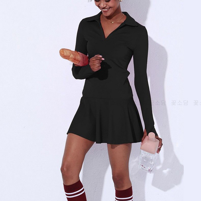 꽃소담 여성 브이넥 카라 긴팔 스포츠 미니원피스 테니스 요가 필라테스 베드민턴 골프웨어 MAL26A1206