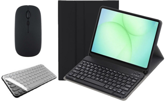 케이스나라 갤럭시탭 A11 플러스 / A9+ 호환 블루투스 키보드 케이스 북커버 무선 마우스 세트, 블랙, 1개