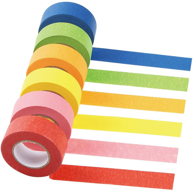 컬러 마스킹테이프 6색 세트 종이테이프 다이어리 꾸미기 엄마표 미술놀이 포장 페인트 마스킹테이프 25.4mm x 20m 다이어리 디자인 꾸미기 수첩, 1세트