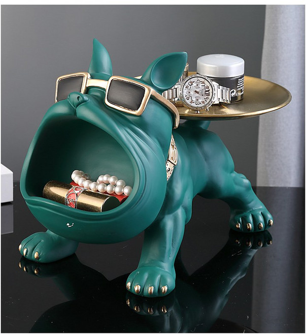 Sunwer 입벌린 귀여운 불독 장식품 현관 차키 트레이 집들이 선물, 녹색