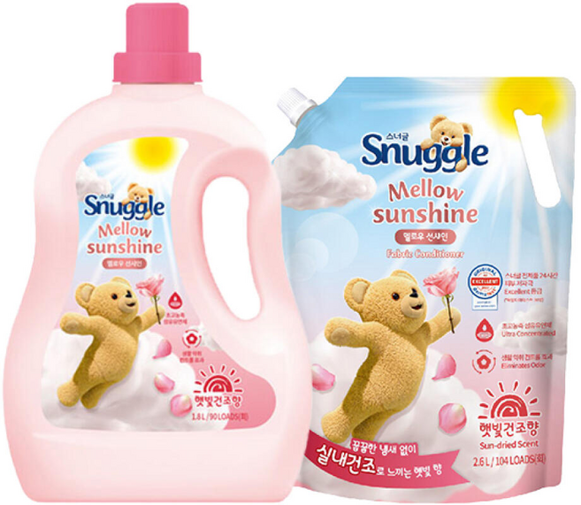 스너글 초고농축 섬유유연제 햇빛건조 멜로우 선샤인 1.8L 1개 + 리필 2.6L 1개