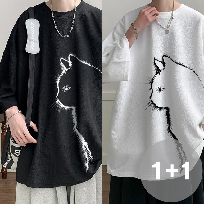 지디오 남여공용 빅사이즈 7부 반팔 티셔츠 2개 세트 반소매 오버핏 고양이 프린팅 아이스 박스티