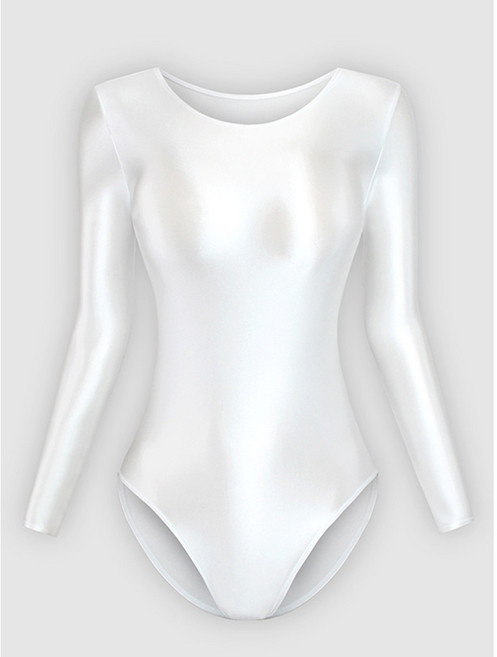 純色光澤絲連體衣女 長袖上衣 圓領打底衫 芭蕾舞蹈服 顯瘦連襠內搭, 雲白,S 包臀