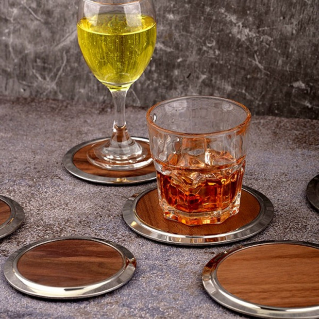 스테인레스 스틸 라운드 코스터 나무 슬라이스 컵 매트 차 커피 머그잔 음료 홀더 홈 장식, 02 Dia 9CM, 01 라운드, 01 3PCS of price