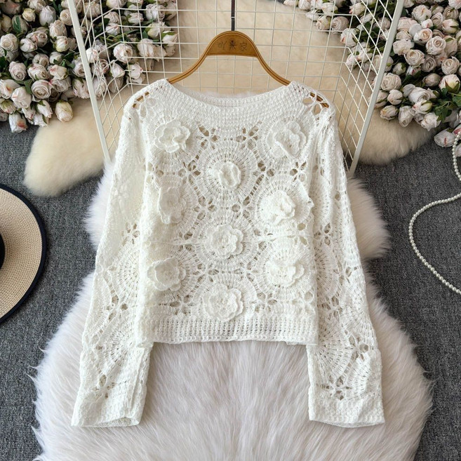 Makone 여성 라운드넥 니트 펀칭 블라우스 플라워 아플리케 입체형 루즈핏 캐주얼 긴팔 티셔츠 후크니트핏