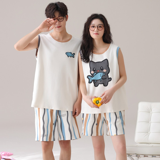 여성 남성 커플 캐주얼 심플 여름 캐릭터 행운 민소매 탱크톱 반바지 파자마 소프트 홈웨어 세트 2 피스