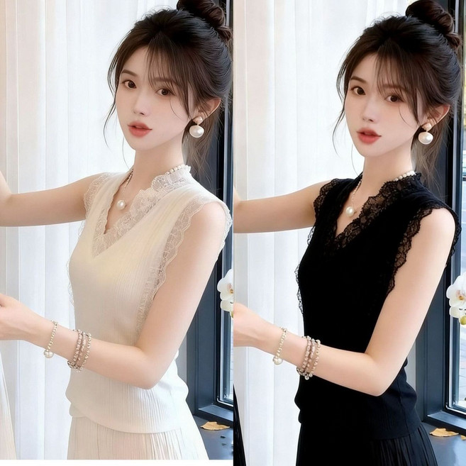 1+1 패션 여성 끈나시 레이스 패치 브이넥 나시 이너웨어 여름 여자 나시티 상의 YLP