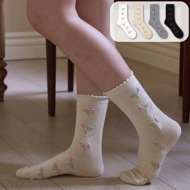 하트로즈 입체패턴 중목양말 4족 세트