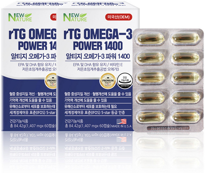 뉴네이처 저온초임계 rTG 알티지 오메가3 고함량 1400 파워, 60정, 2개