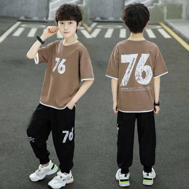주니어 76 넘버링 레이어드 반팔티 + 조거 팬츠 2종 세트