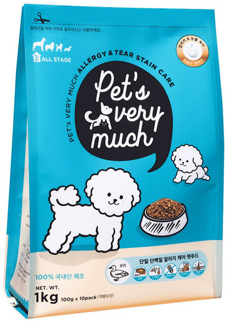 페츠베리머치 강아지사료 눈물사료 눈물자국 알러지 사료, 오리, 1kg, 1개