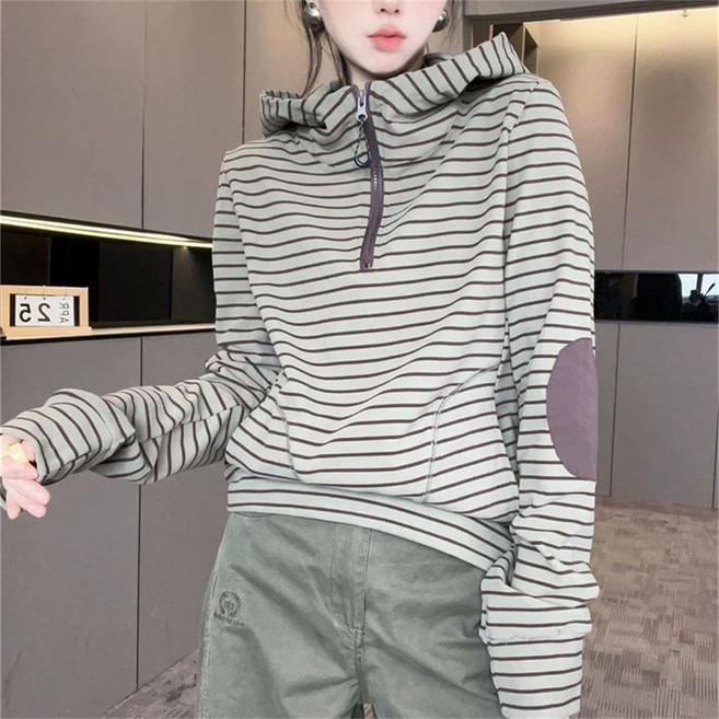 TKX 여성 스트라이프 후드 캐주얼 루즈핏 긴팔 티셔츠 편안한 데일리 패치워크 디자인 봄 가을 스타일