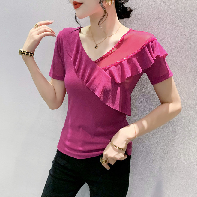 댄스복 상의 프릴 슬림 망사 반팔 티녀 Dance wear 뉴타임즈