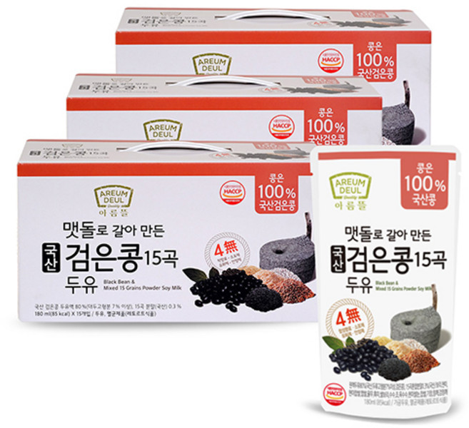 [본사직영 특가] 아름뜰 맷돌로 갈아만든국산 검은콩 15곡 두유 45팩 ( 4 무첨가 ), 45개, 180ml