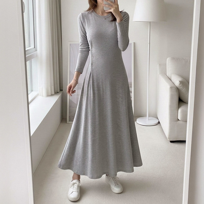 데일리앤 미엔느 라운드넥 골지 슬림 단추 플레어 훌 스판 롱 맥시 원피스 미시룩