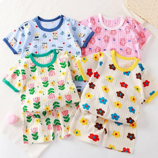 실내복 아동복 봄 유아 내복 반팔 귀여운 프린팅 잠옷 홈웨어 유아내복 여름 배색패턴 상하복