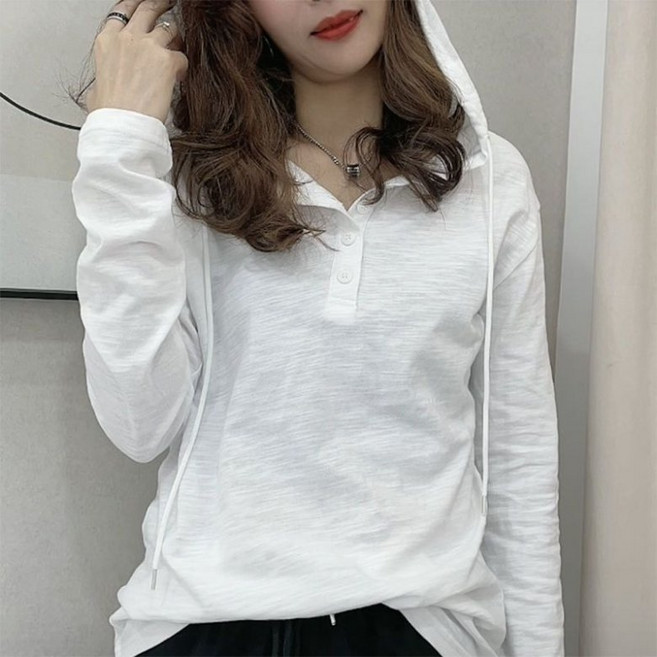 PEROLA 여성 가을 빅사이즈 긴팔 슬라브 얇은 후드티 루즈핏 캐주얼 후드티셔츠 봄여름 무지 티셔츠