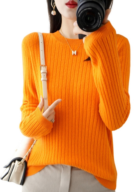 여성용 베이직 골지 라운드넥 니트 긴팔티 부드러운 간절기 데일리룩 티셔츠 Knitted T-shirt GH2217