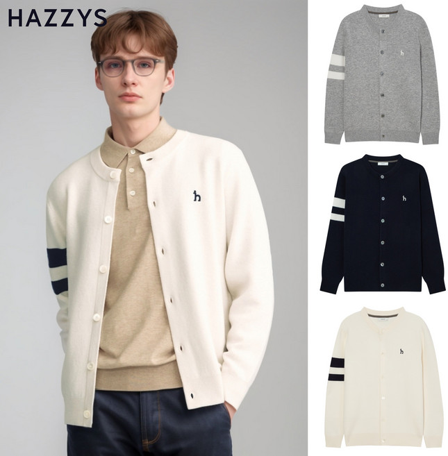 헤지스 맨 소매 배색 울 이중직 라운드 가디건 간절기 데일리 자켓 95~115size