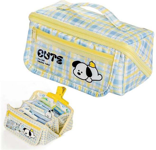 SC FMCG 컬러풀 지퍼개방형 대용량 필통 수납 패브릭 펜파우치, 1개, 노란 강아지