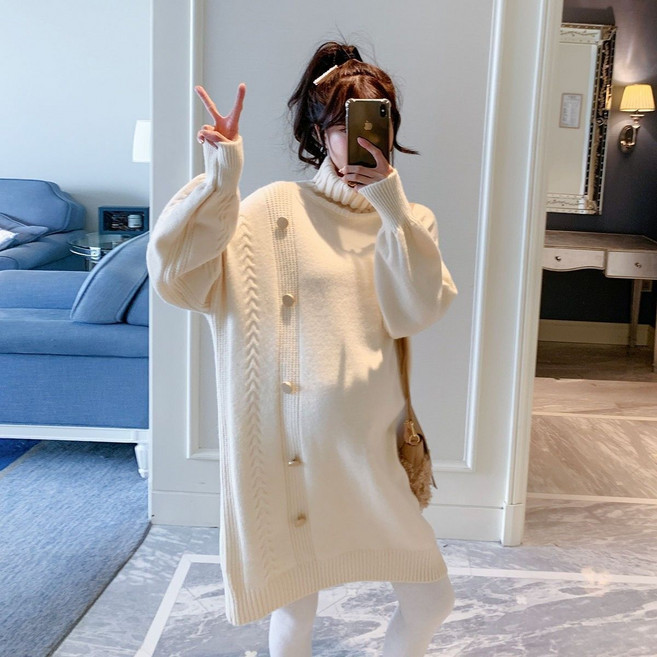 임산부 겨울 원피스 임부복 루즈핏 터틀넥 니트 롱 원피스 캐주얼 스타일 YCY