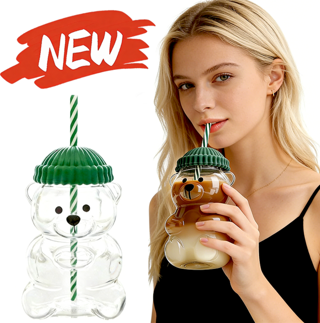 [인기선물]베어 컵 곰돌이 빨대컵 내열유리컵 대용량 유리컵 귀여운 다자인 커피 컵 새해선물, 1개, 블루