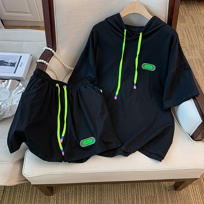 FANSYLI 여성 캐주얼 트레이닝 세트 여름 후드 반팔 티셔츠+와이드 반바지 투피스 루즈핏 스포츠 패션 상하복 W2505M22