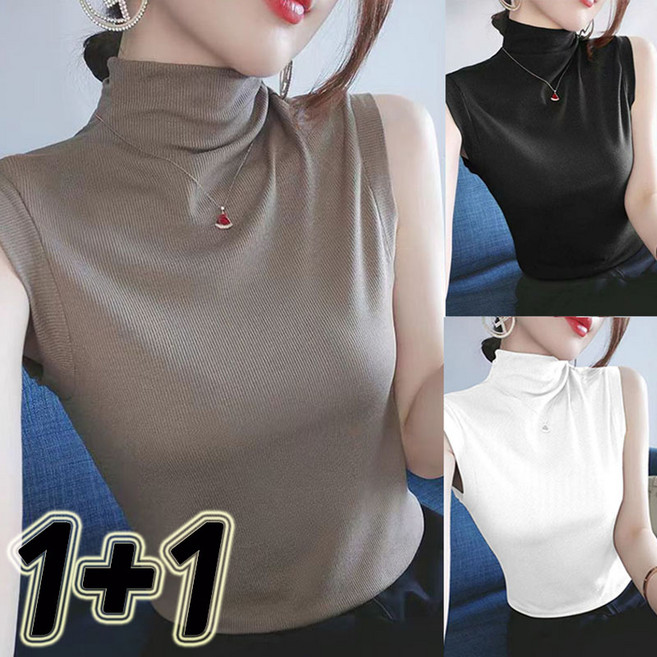 JUSTFEELING 1+1 모달 반하이넥 빅사이즈 민소매 나시 체형커버 이너 탑 슬림핏 데일리 골지 쫄티 상의 이너티