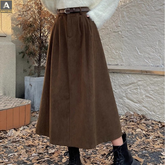 ANYOU 모직 스커트 코듀로이 스커트 가을 겨울 치마 롱 스커트 데일리베이직 스커트