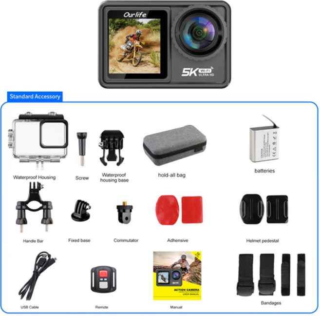 Ourlife 액션 카메라 5K30FPS EIS 2.0 인치 IPS 듀얼 스크린 30M 방수 WiFi 5X 줌 헬멧 스포츠 카메라 원격 제어 포함, No Card, [02] MTR81 With 6 Lens