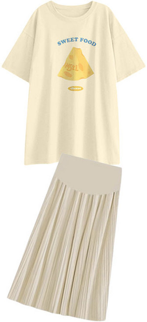 임산부 여름 캐주얼 세트 여름 캐주얼 티셔츠 세트 넉넉한 핏 플리츠 스커트 심플 디자인 JS
