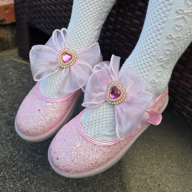 프롬베베 여아용 하니 하트 러플 리본 LED 구두 슬립온