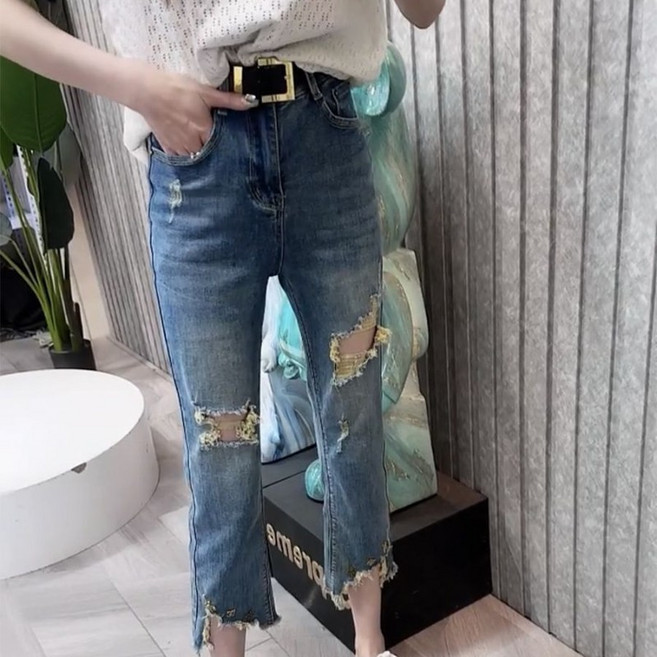 쁘띠꼬모 여성 하이웨이스트 8부 청찢 언발 프린지진 컷팅 W 560551