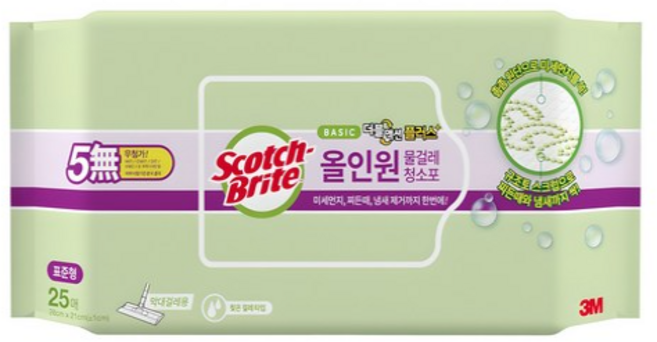 스카치브라이트 3M 올인원 베이직 더블액션 물걸레 청소포 플러스 표준형 25매, 2개