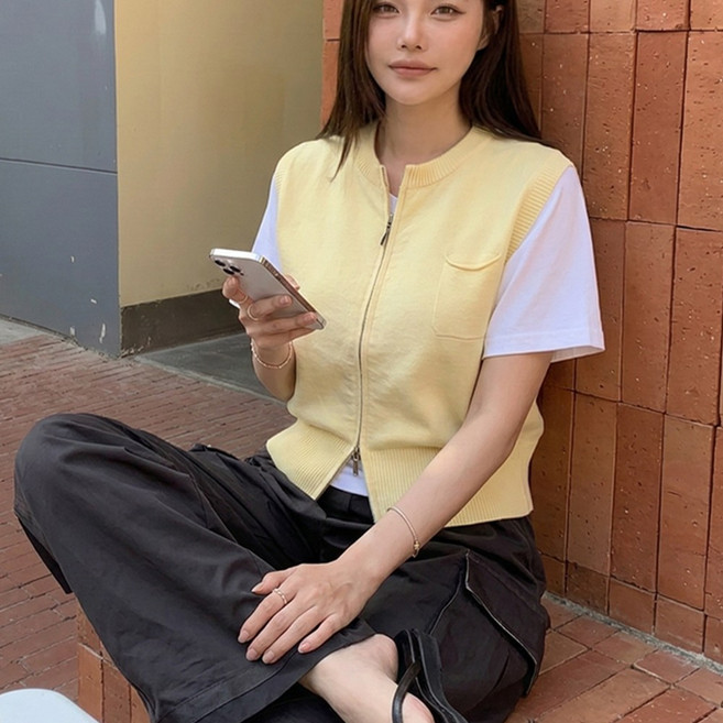 여성용 레이어드룩 투웨이 지퍼 니트 베스트 집업 조끼 반팔 티셔츠