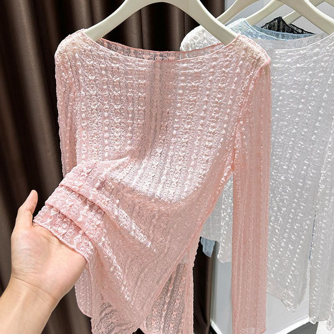 Neirny 여성 라운드넥 레이스 티셔츠 긴팔 봄가을 간절기 데일리 스판 기질 패션 망사 펀칭 아우터 상의