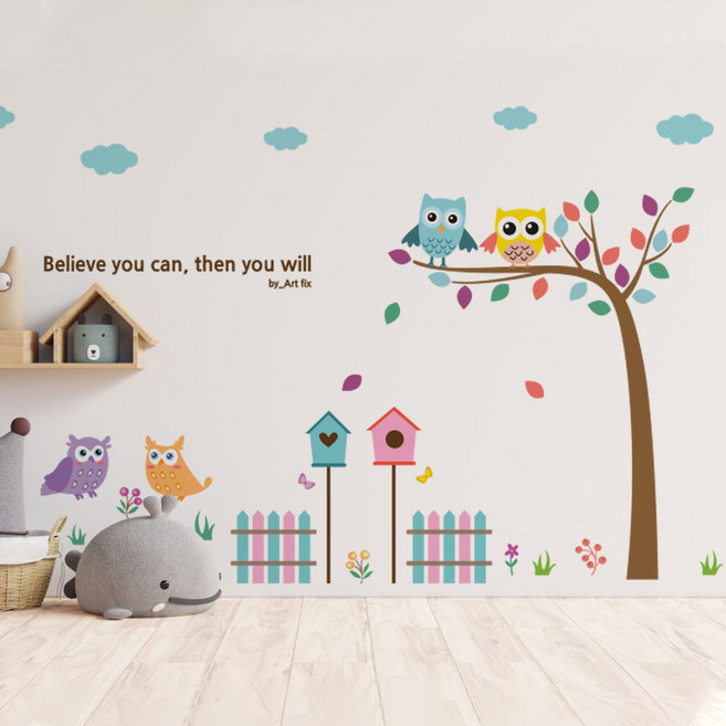 아이방 인테리어 포인트 데코 벽 스티커 리무버블 시트지 키즈룸 벽지 현관문 천장 유리 꾸미기, IP715-행복한부엉이가족