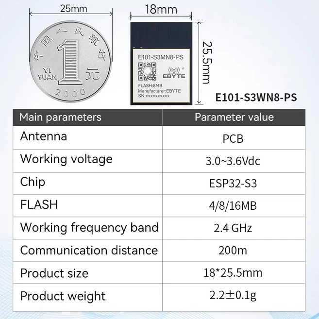 WIFI 블루투스 ESP32-S3 듀얼 코어 MCU 직렬 포트 무선 모듈 CDSENET E101-S3MN8 스마트 홈 산업용 저전력, 01 E101-S3WN8-PS