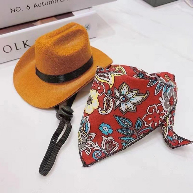 래미리아 강아지 고양이 스카프 + 모자 카우보이 세트, 1세트, 레드