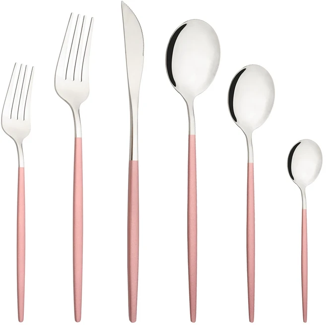 6Pcs 서양 보라색 식기류 칼 붙이 세트은 제품 스테인레스 스틸 Flatware 스테이크 나이프 디저트 포크, 01 빠른, 21 Pink Silver