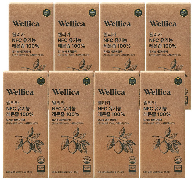웰리카 레몬즙 레몬수 NFC 유기농 레몬즙100% 20g x 14포, 8개, 280g