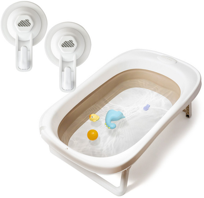 리틀클라우드 아기 접이식 욕조 + 강력 접착 후크 걸이 세트, 베이지