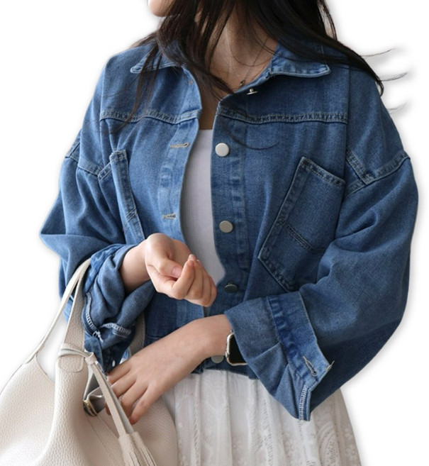 메리앤유 캐주얼 루즈핏 뒷단추 포인트 청 데님 자켓