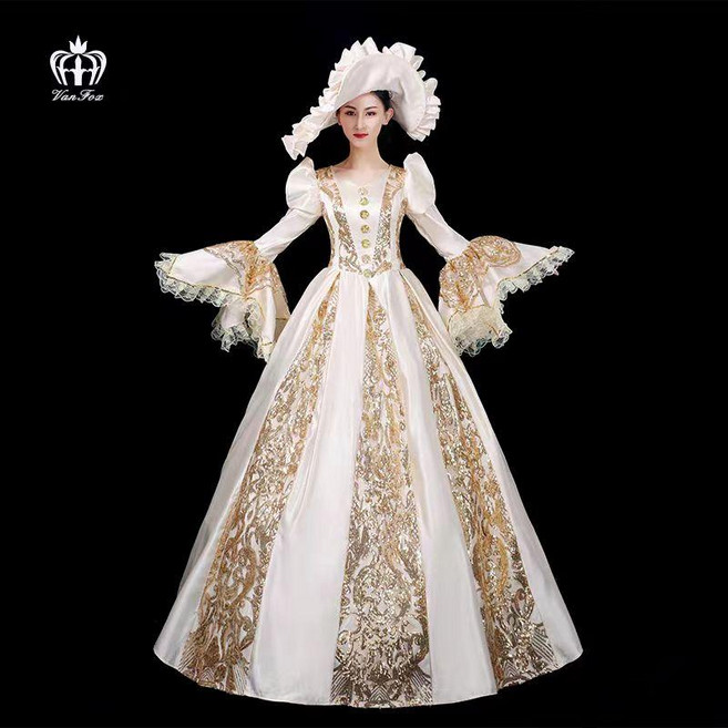 중세 드레스 뮤지컬 레트로 코스튬 의상, 화이트 앤 골드