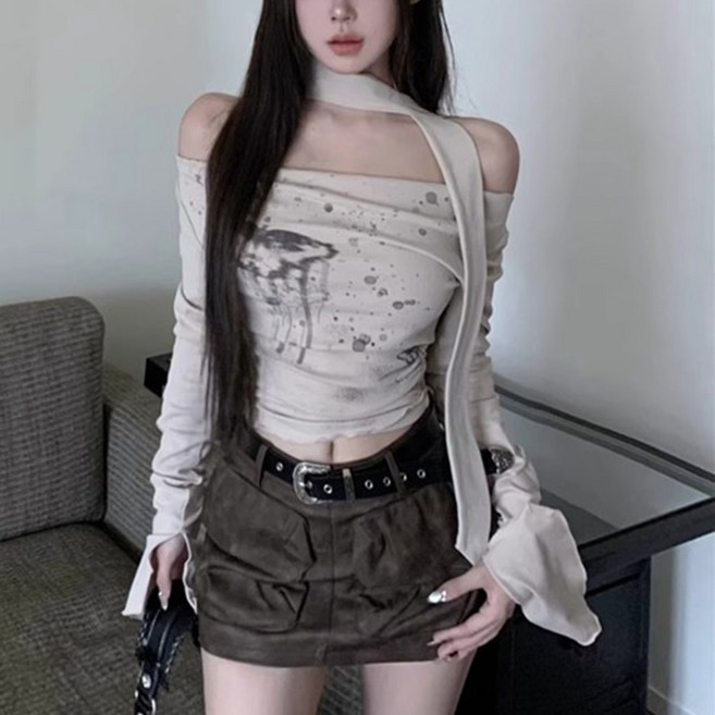 cammello 빈티지 힙 Y2K 머플러 세트 잉크드롭 오프숄더 긴팔티