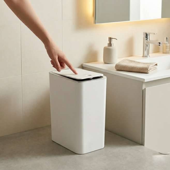 리노이 원터치 방수 밀폐형 냄새 차단 가정용 원룸 욕실 휴지통, 화이트