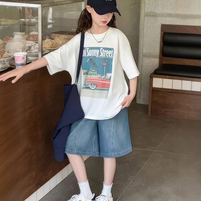 베비포 초중생 레드카 반팔티 데님반바지 상하세트 -SU8